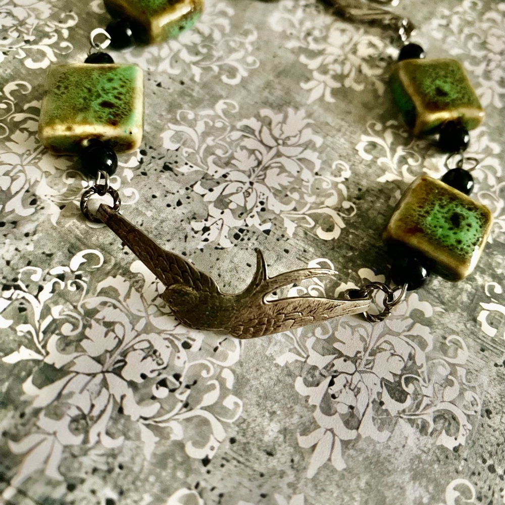 Green and Silver Bird Charm Bracelet